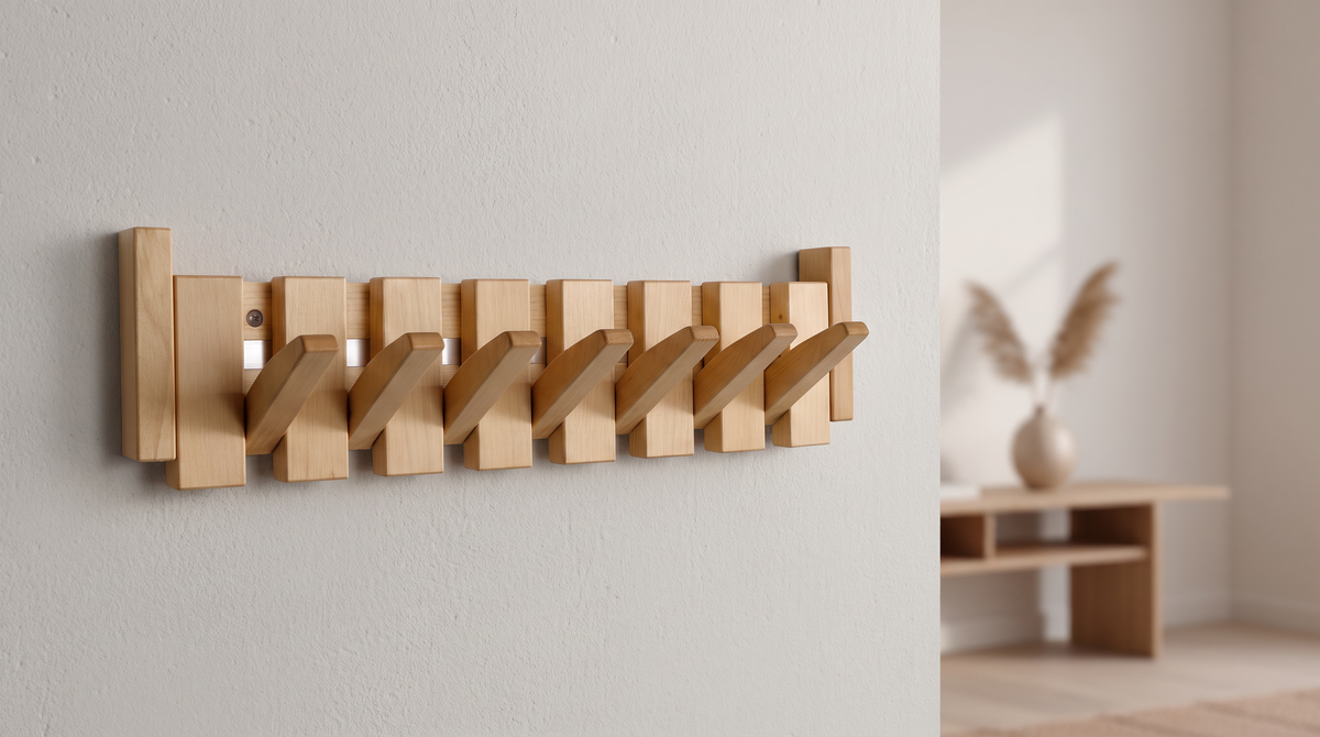 Garderobenleiste Piano aus hellem Holz mit ausgeklappten Haken