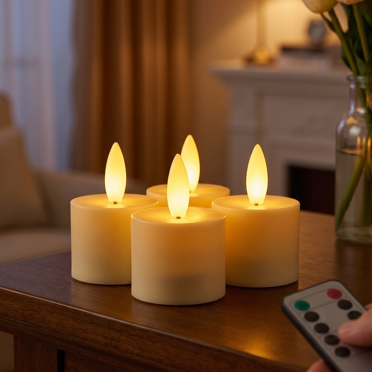 Flammenlose LED-Kerzen auf dem Tisch vor dem Kamin mit Fernbedienung