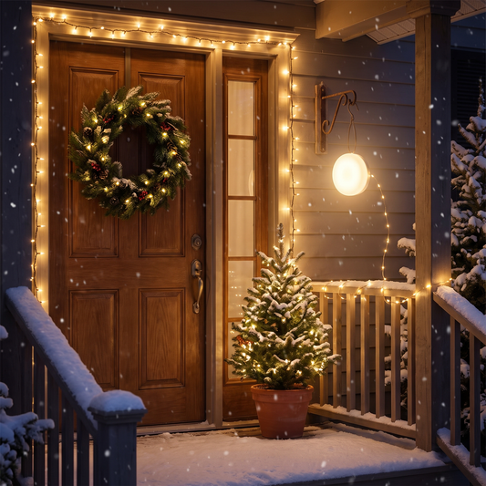 LED-Lampe neben der Haustür mit Weihnachtskranz und Lichterkette