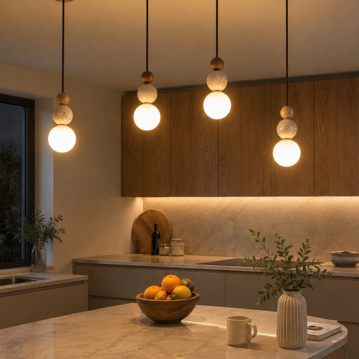 Pendelleuchte Sora - Kugelform aus Travertin & Holz