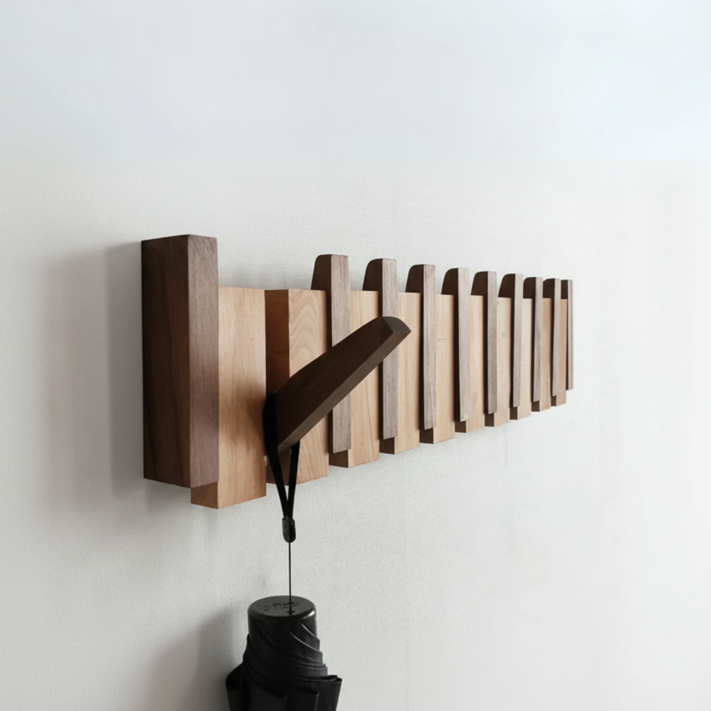 Holz-Garderobenleiste mit Klaviertasten-Design und hängendem Regenschirm