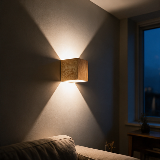 LED Wandleuchte Holzoptik am Abend eingeschaltet
