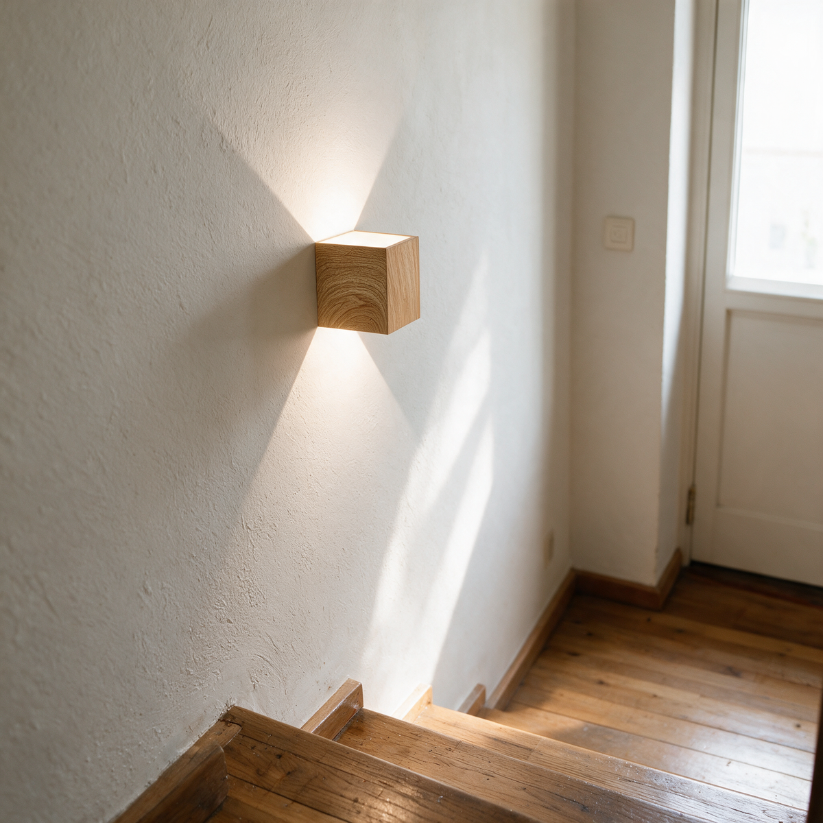Wandleuchte Holzoptik im Treppenhaus