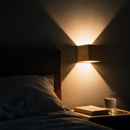 Wandleuchte Holzoptik am Bett, warmes Licht am Abend