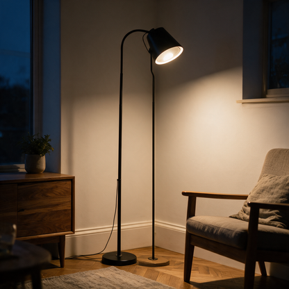 Stehlampe abends eingeschaltet im Wohnzimmer
