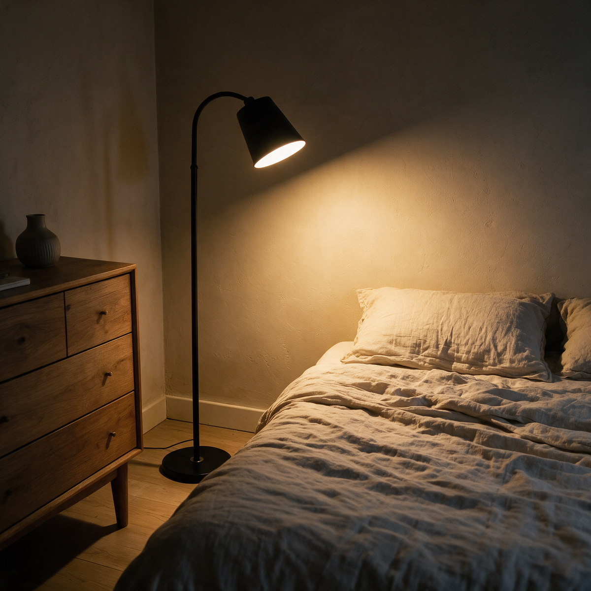 Stehlampe im Schlafzimmer neben dem Bett