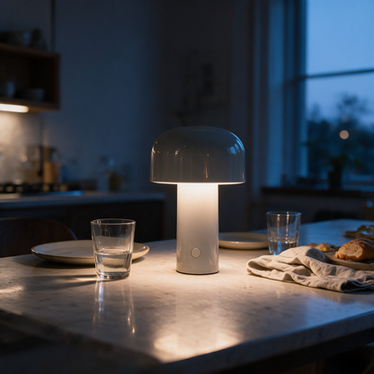 Tischlampe auf dem Esstisch am Abend