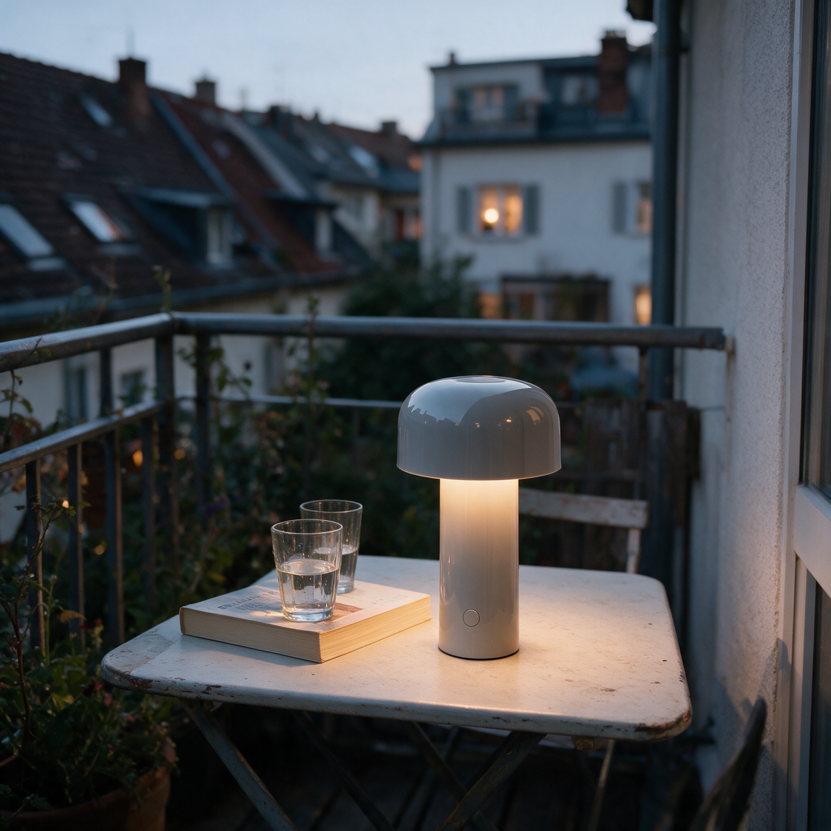 Tischlampe auf dem Balkon am Abend