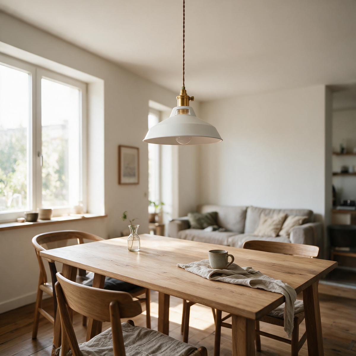 Pendelleuchte im Wohn-Esszimmer bei Tageslicht