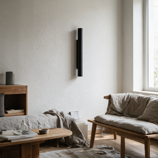 Cylio Wandleuchte an Wohnzimmer-Akzentwand bei Tag