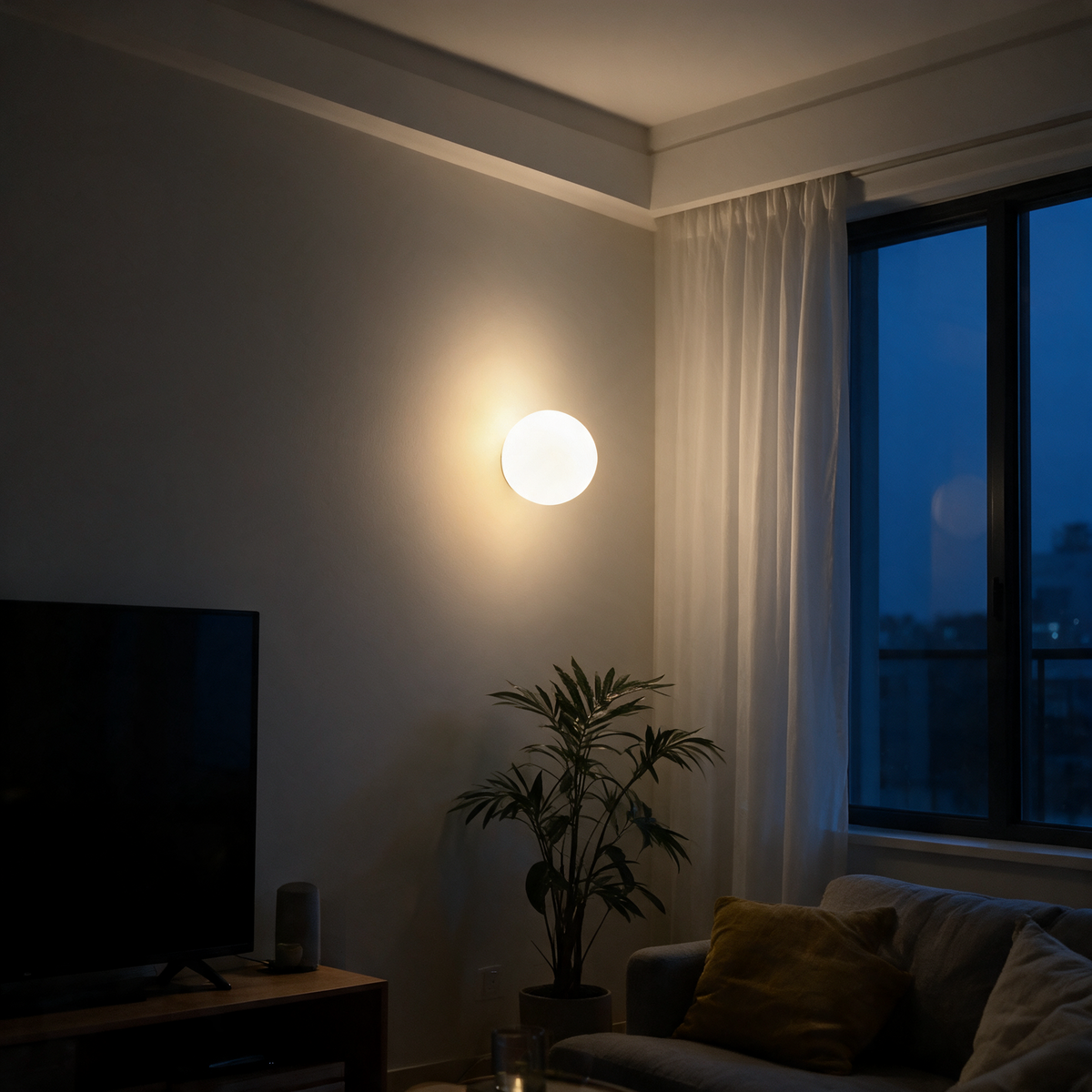 Wandleuchte mit Mattglas am Abend eingeschaltet