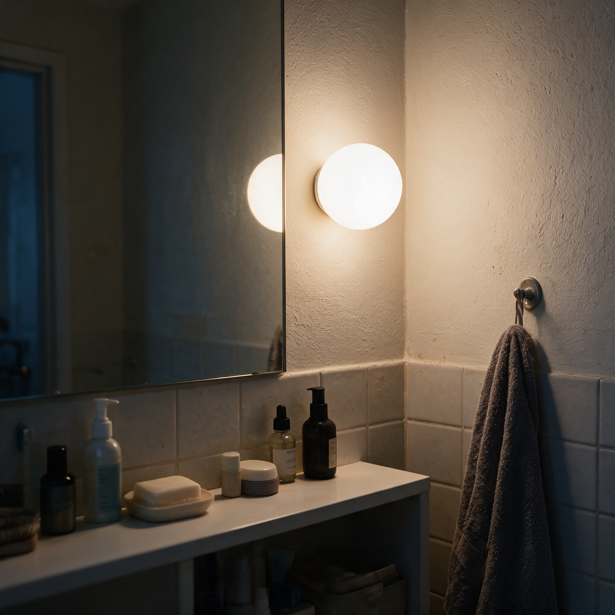 Wandleuchte im Badezimmer, warmes Licht