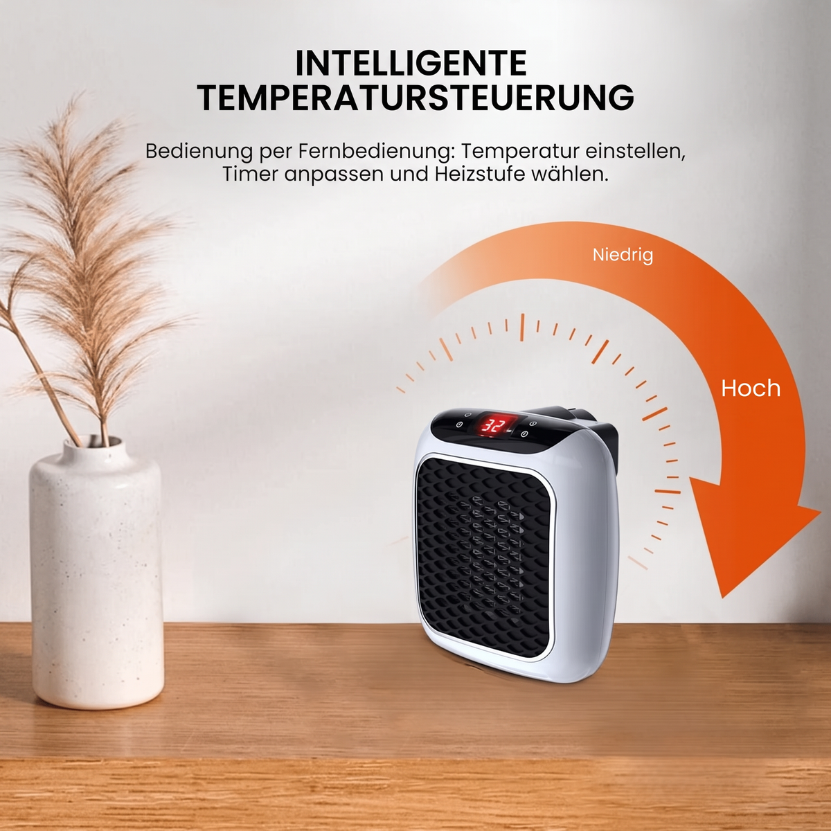 Mini-Heizlüfter Thermo mit intelligenter Temperatursteuerung, Heizstufen Niedrig und Hoch