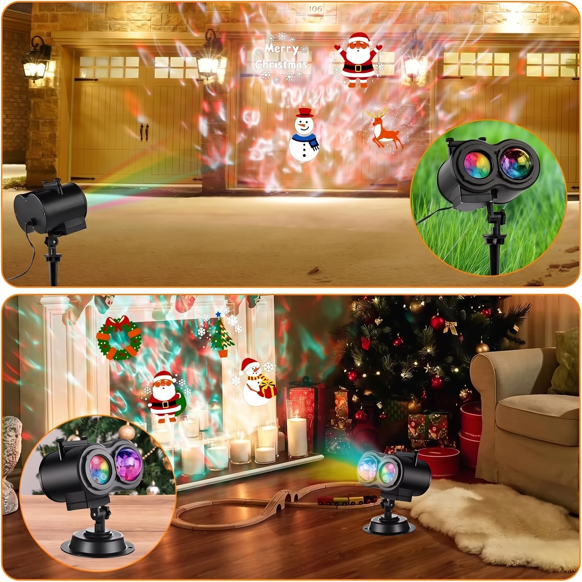 Projektor im Einsatz an Garagentor und im Wohnzimmer mit Weihnachtsmotiven
