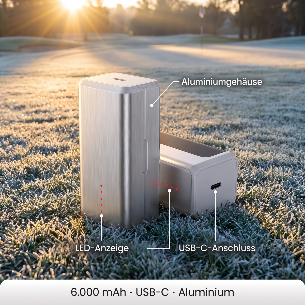 Handwärmer mit Aluminiumgehäuse, LED-Anzeige und USB-C-Anschluss auf frostigem Gras