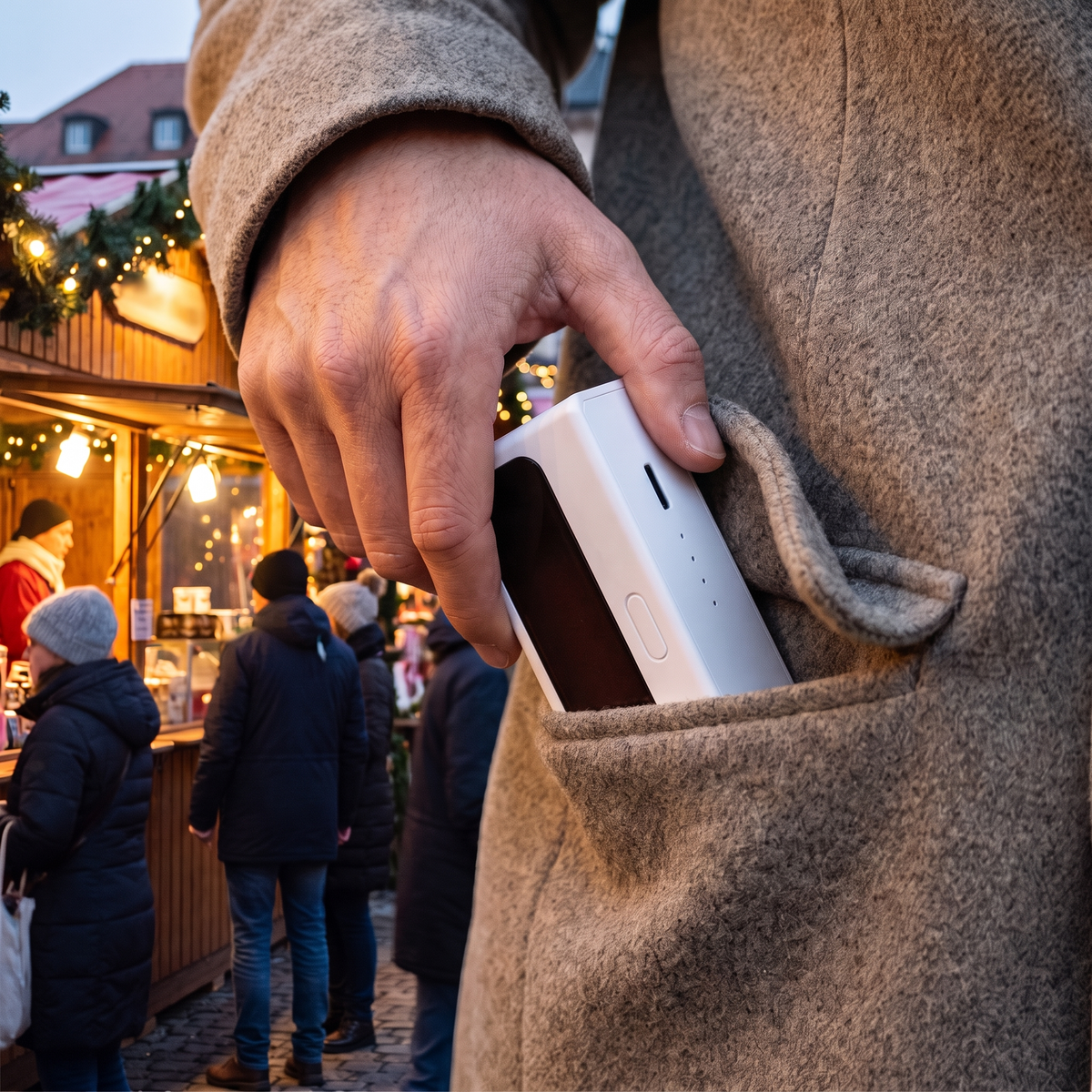 Handwärmer wird in die Manteltasche gesteckt