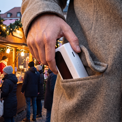 Handwärmer wird in die Manteltasche gesteckt