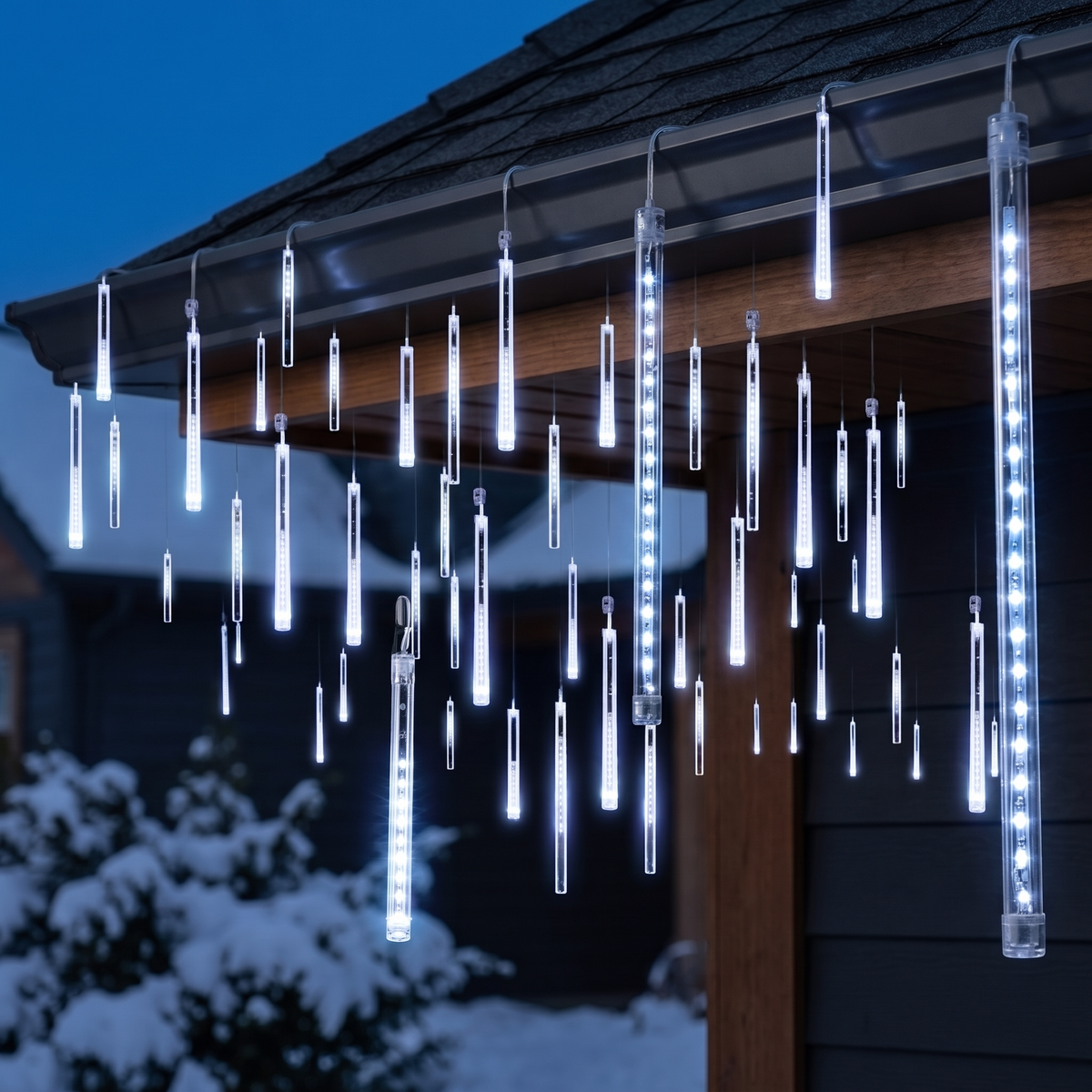 Weiße Leuchtröhren hängen an Dach und Regenrinne eines Hauses im Schnee