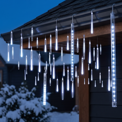 Weiße Leuchtröhren hängen an Dach und Regenrinne eines Hauses im Schnee