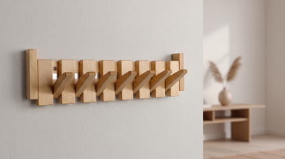 Garderobenleiste Piano aus hellem Holz mit ausgeklappten Haken