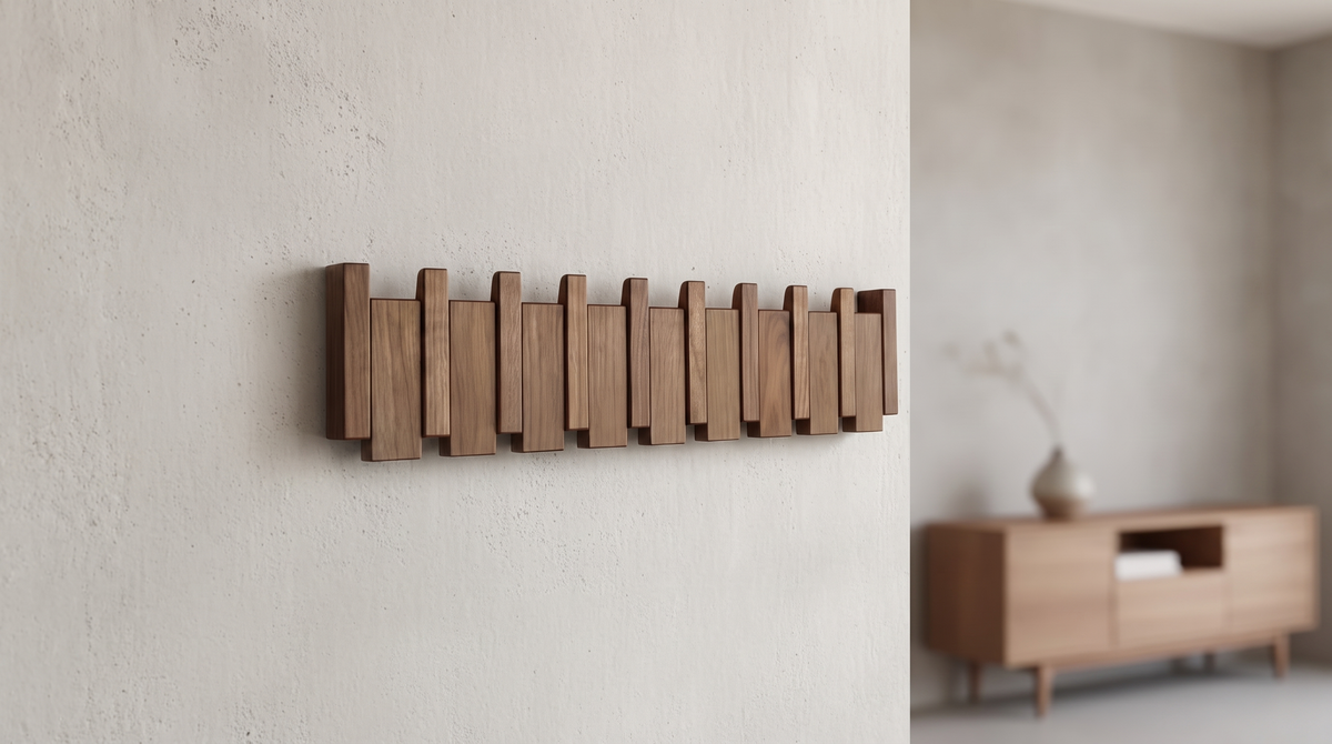 Garderobenleiste Piano aus dunklem Holz an der Wand im Flur