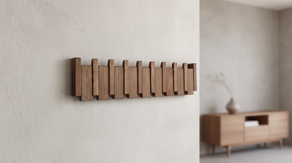 Garderobenleiste Piano aus dunklem Holz an der Wand im Flur