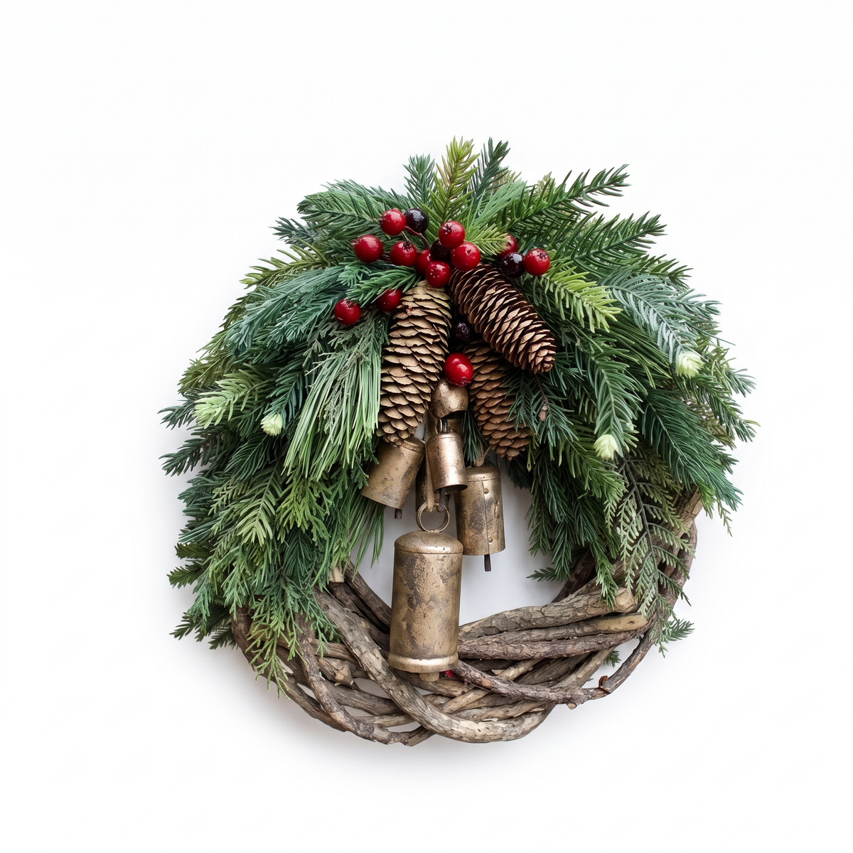 Weihnachtskranz mit Tannenzweigen, Zapfen, roten Beeren und Glöckchen auf weißem Hintergrund