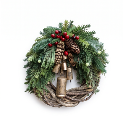 Weihnachtskranz mit Tannenzweigen, Zapfen, roten Beeren und Glöckchen auf weißem Hintergrund