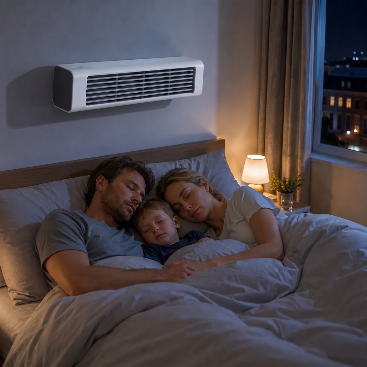 Familie schläft im Schlafzimmer, Mini-Ventilator an der Wand