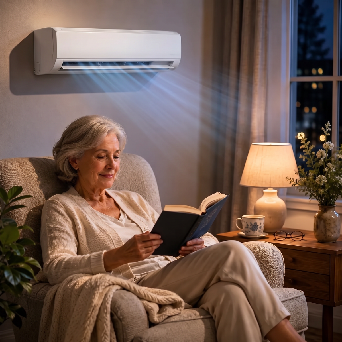 Frau liest entspannt im Sessel bei frischer Luft vom Wandventilator
