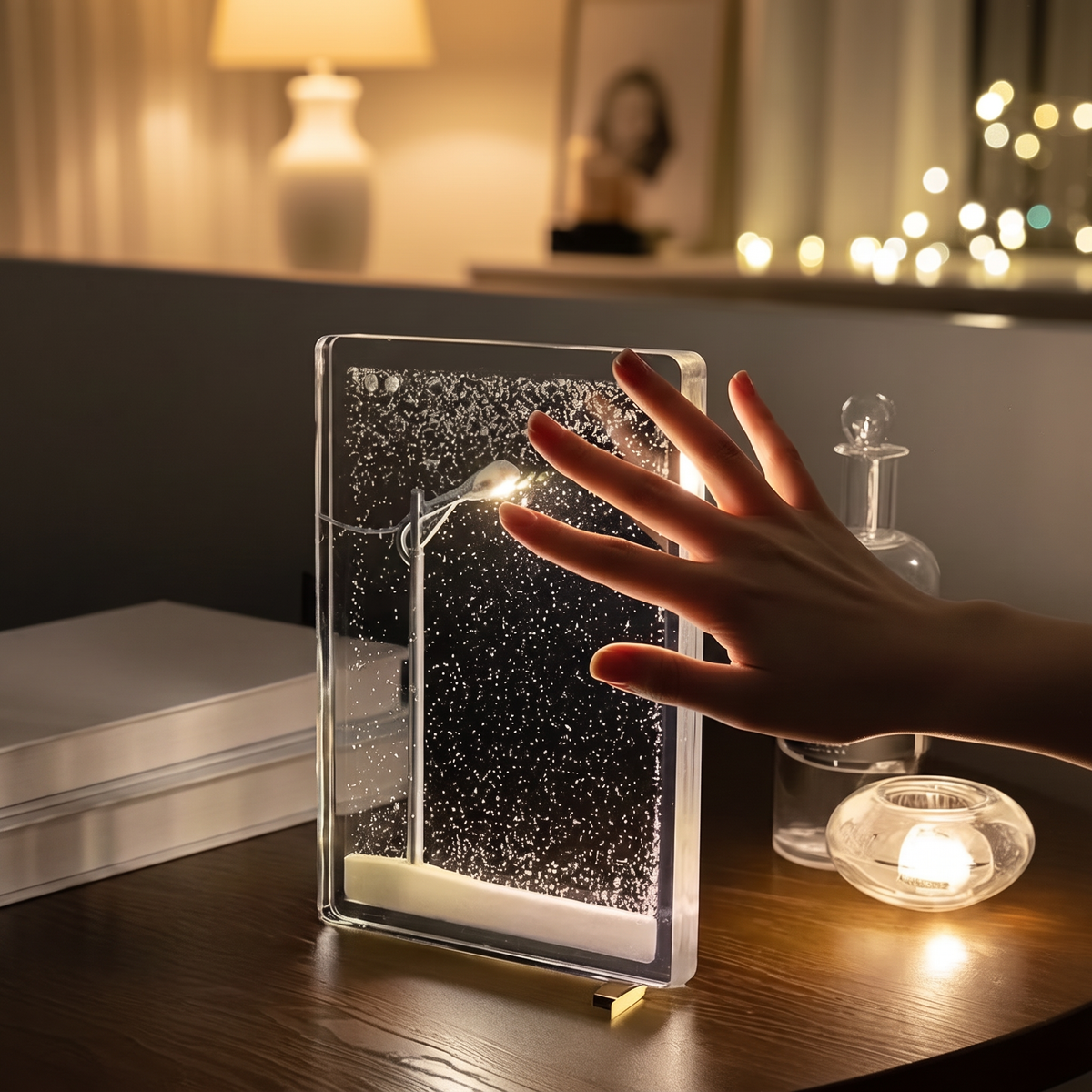 Hand berührt den Rahmen der Schneefall-Lampe auf einem Holztisch