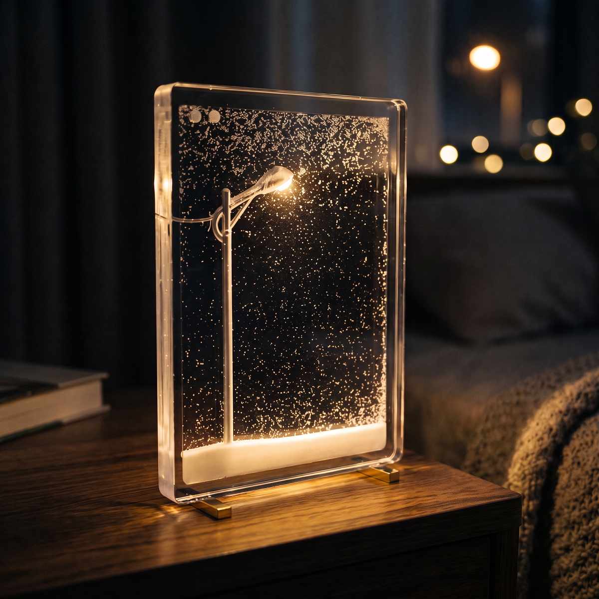 Leuchtende Schneefall-Lampe auf einem Nachttisch im Schlafzimmer