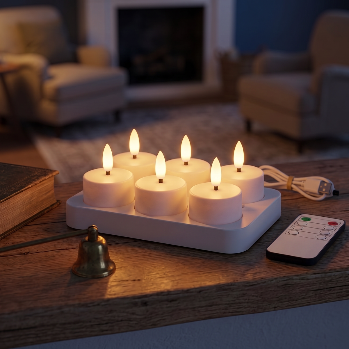 Sechs LED-Kerzen auf der Ladestation mit Fernbedienung im Wohnzimmer