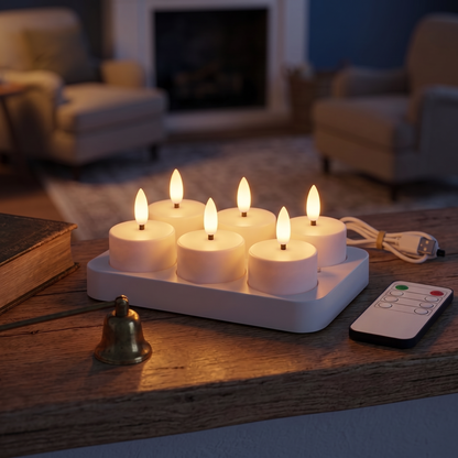 Sechs LED-Kerzen auf der Ladestation mit Fernbedienung im Wohnzimmer