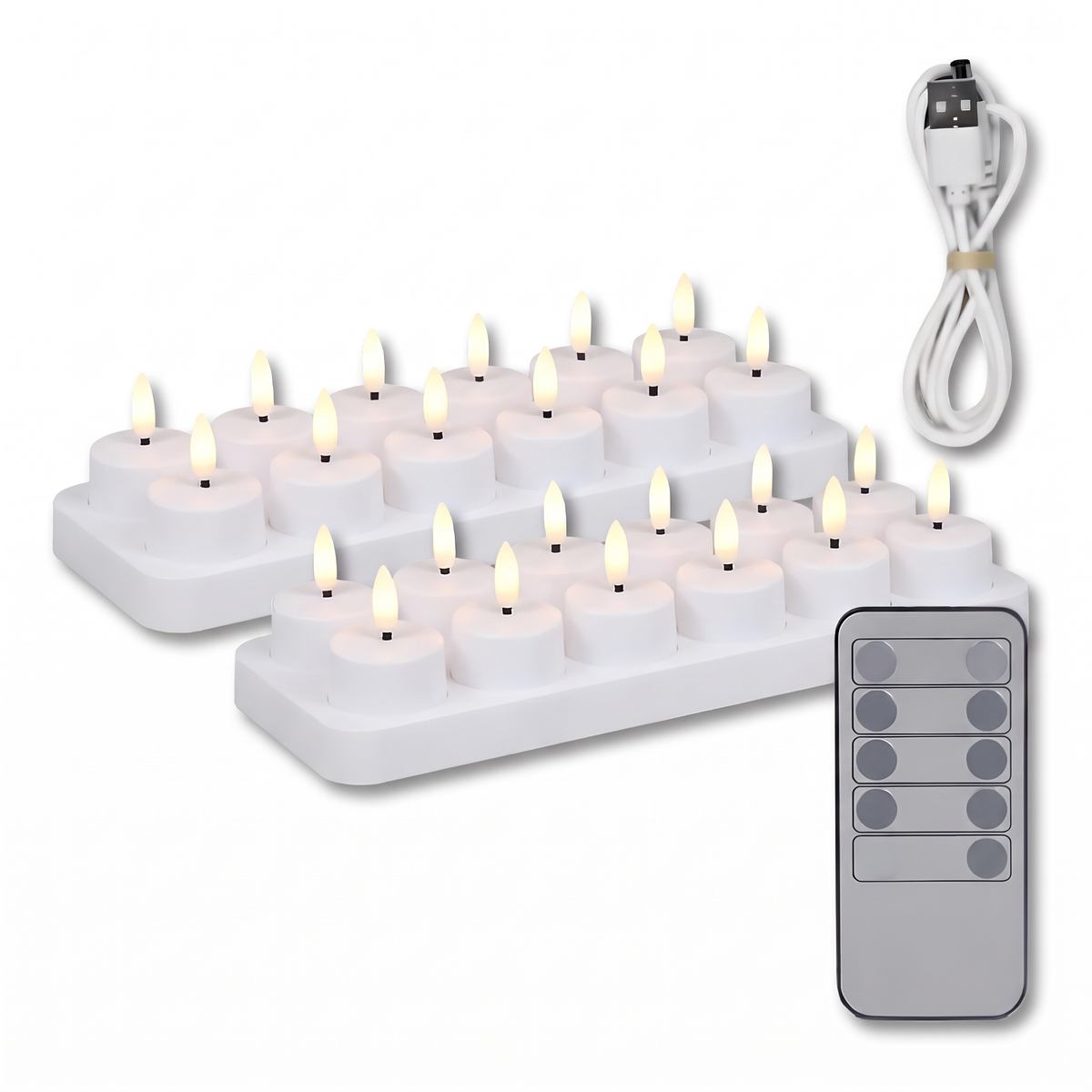 24er-Set flammenlose LED-Kerzen auf zwei Ladestationen mit USB-Kabel und Fernbedienung