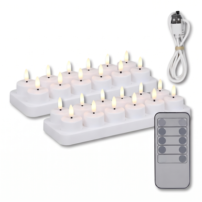 24er-Set flammenlose LED-Kerzen auf zwei Ladestationen mit USB-Kabel und Fernbedienung