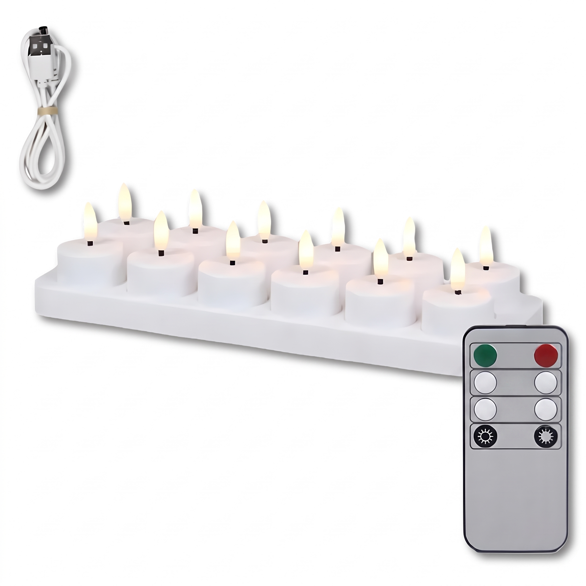 12er-Set flammenlose LED-Kerzen mit Ladestation, USB-Kabel und Fernbedienung