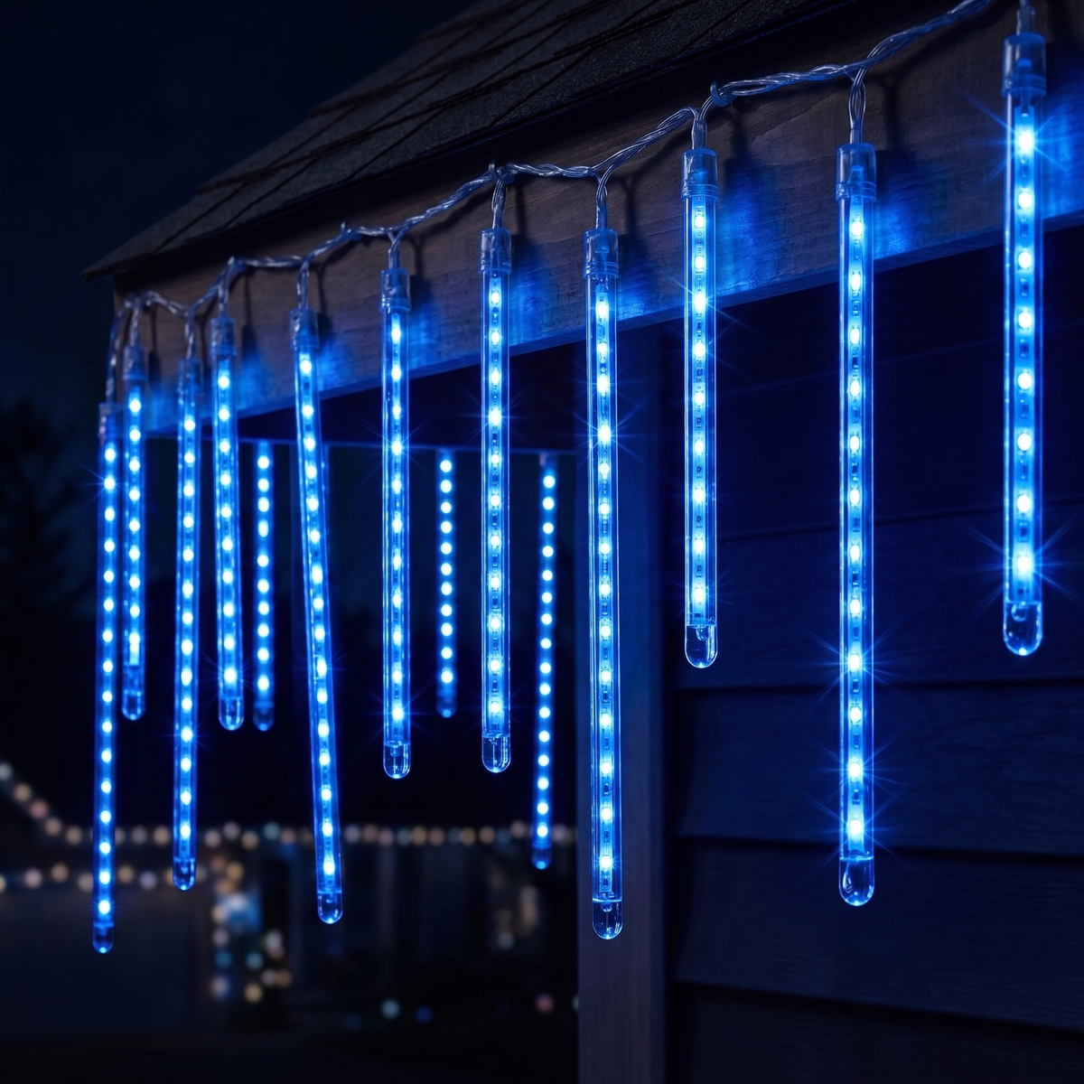 Blaue LED-Röhren hängen am Dachrand eines Hauses