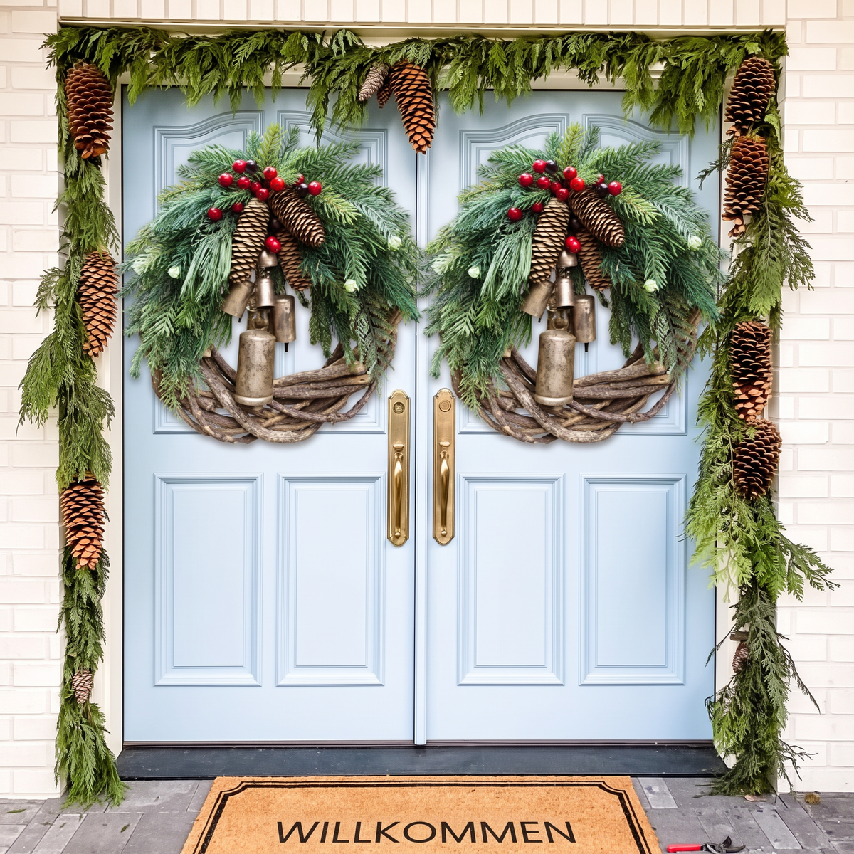Zwei Weihnachtskränze an einer hellblauen Doppeltür mit Willkommen-Fußmatte