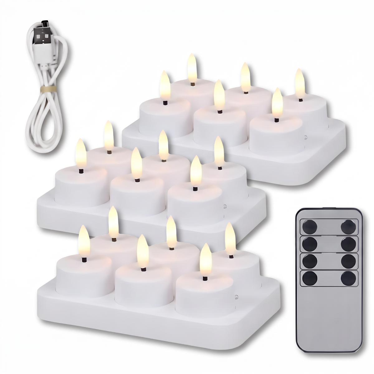 18er-Set flammenlose LED-Kerzen auf drei Ladestationen mit USB-Kabel und Fernbedienung