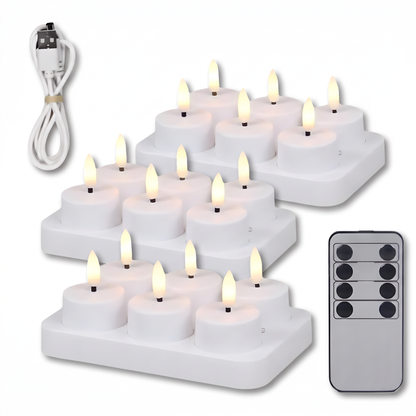 18er-Set flammenlose LED-Kerzen auf drei Ladestationen mit USB-Kabel und Fernbedienung