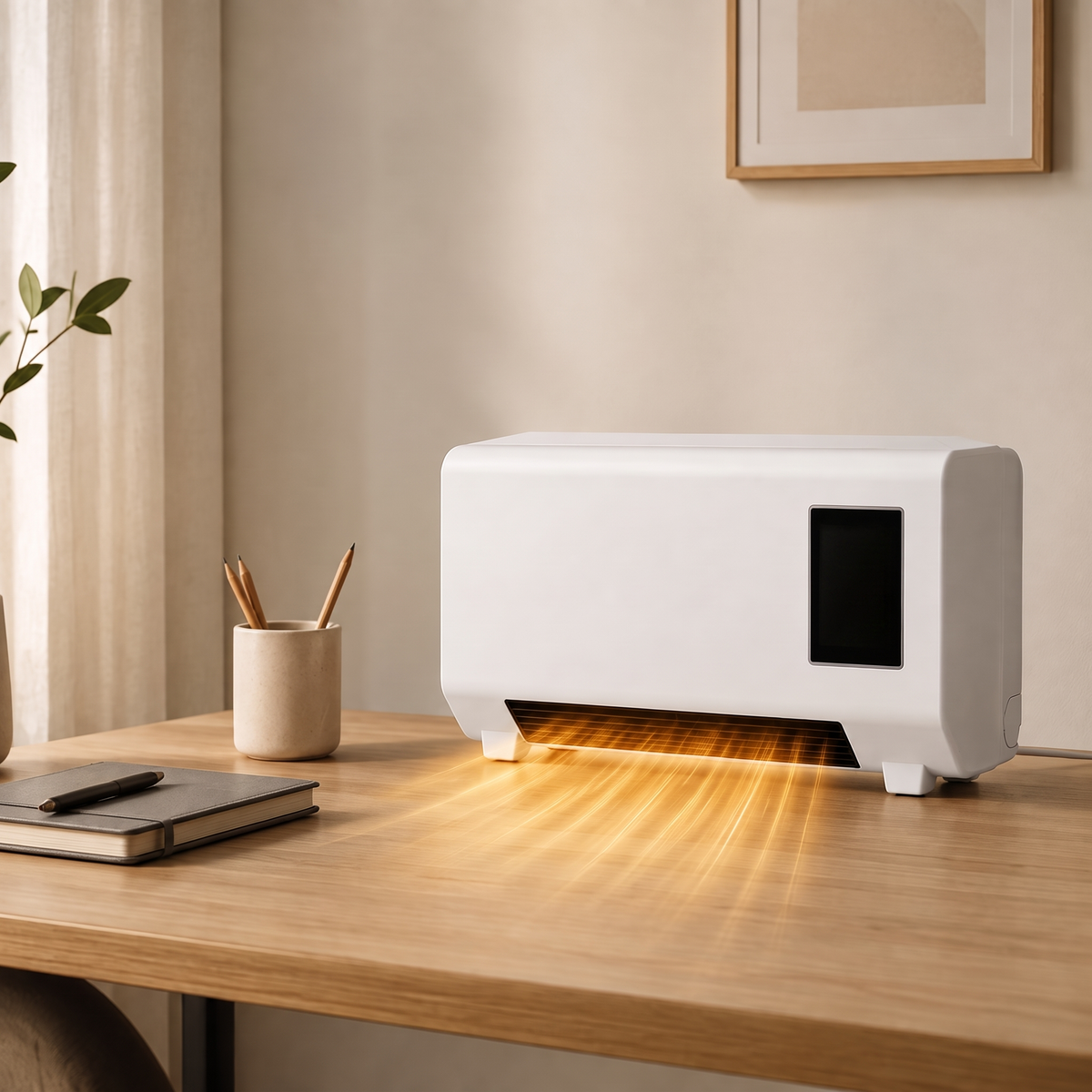 Heizlüfter freistehend auf dem Schreibtisch mit warmer Luft