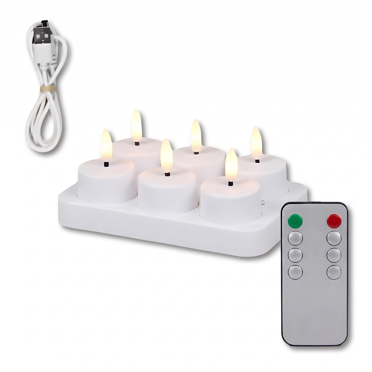 6er-Set flammenlose LED-Kerzen mit Ladestation, USB-Kabel und Fernbedienung