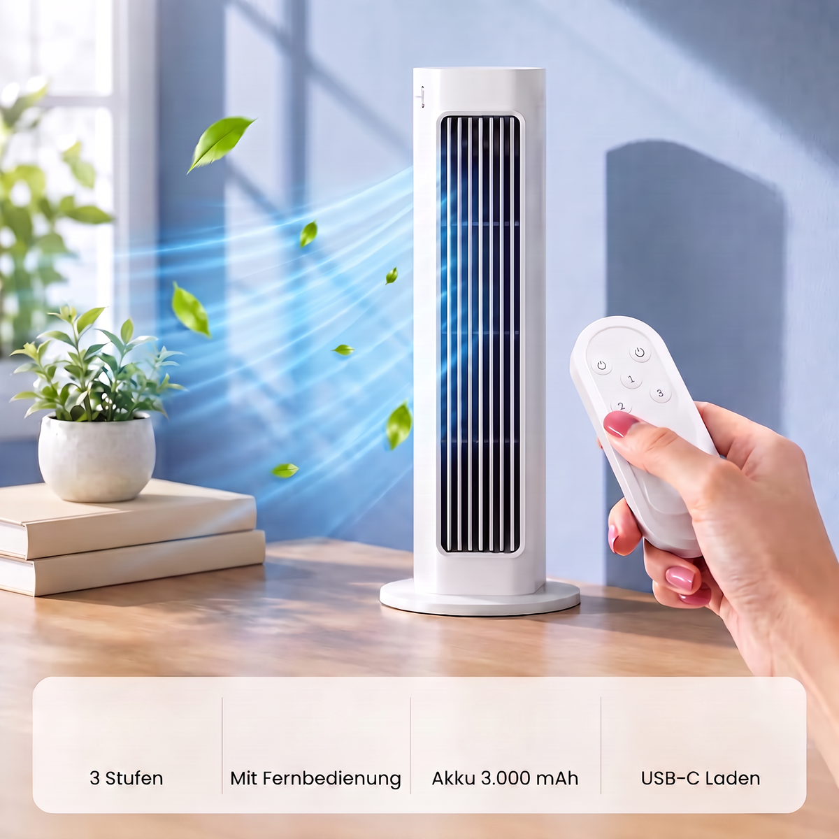 Standventilator mit Fernbedienung, 3 Stufen und USB-C Akku