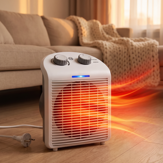 Heizlüfter Calor im Wohnzimmer mit rotem Glühen und warmem Luftstrom