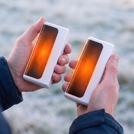 Zwei weiße Handwärmer mit orangefarbener Heizfläche in den Händen