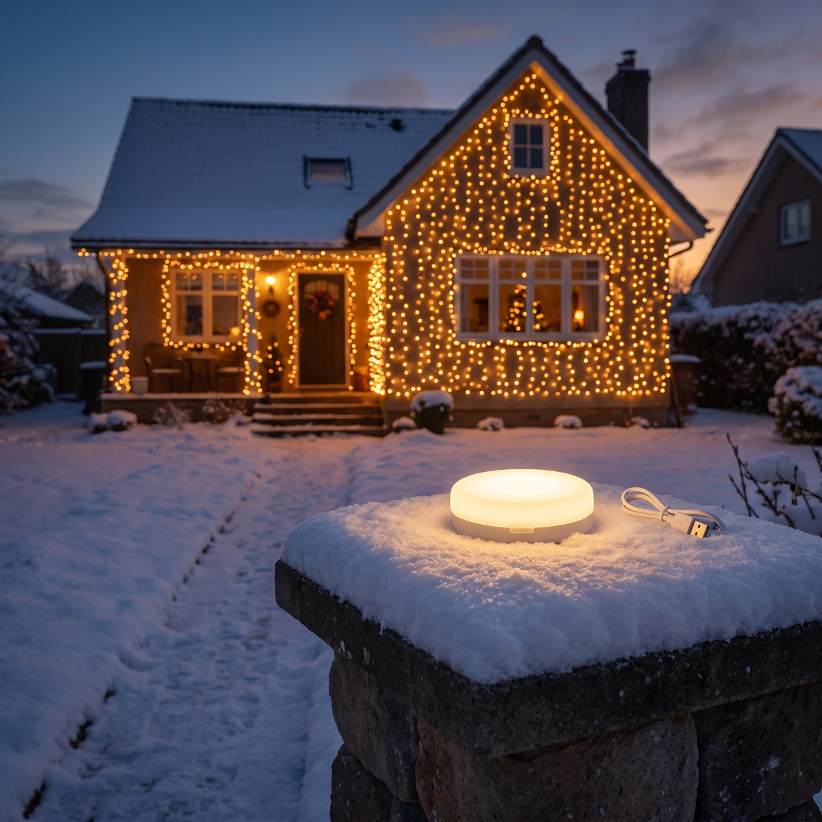 LED-Lampe auf einem verschneiten Gartenpfeiler vor einem weihnachtlich beleuchteten Haus