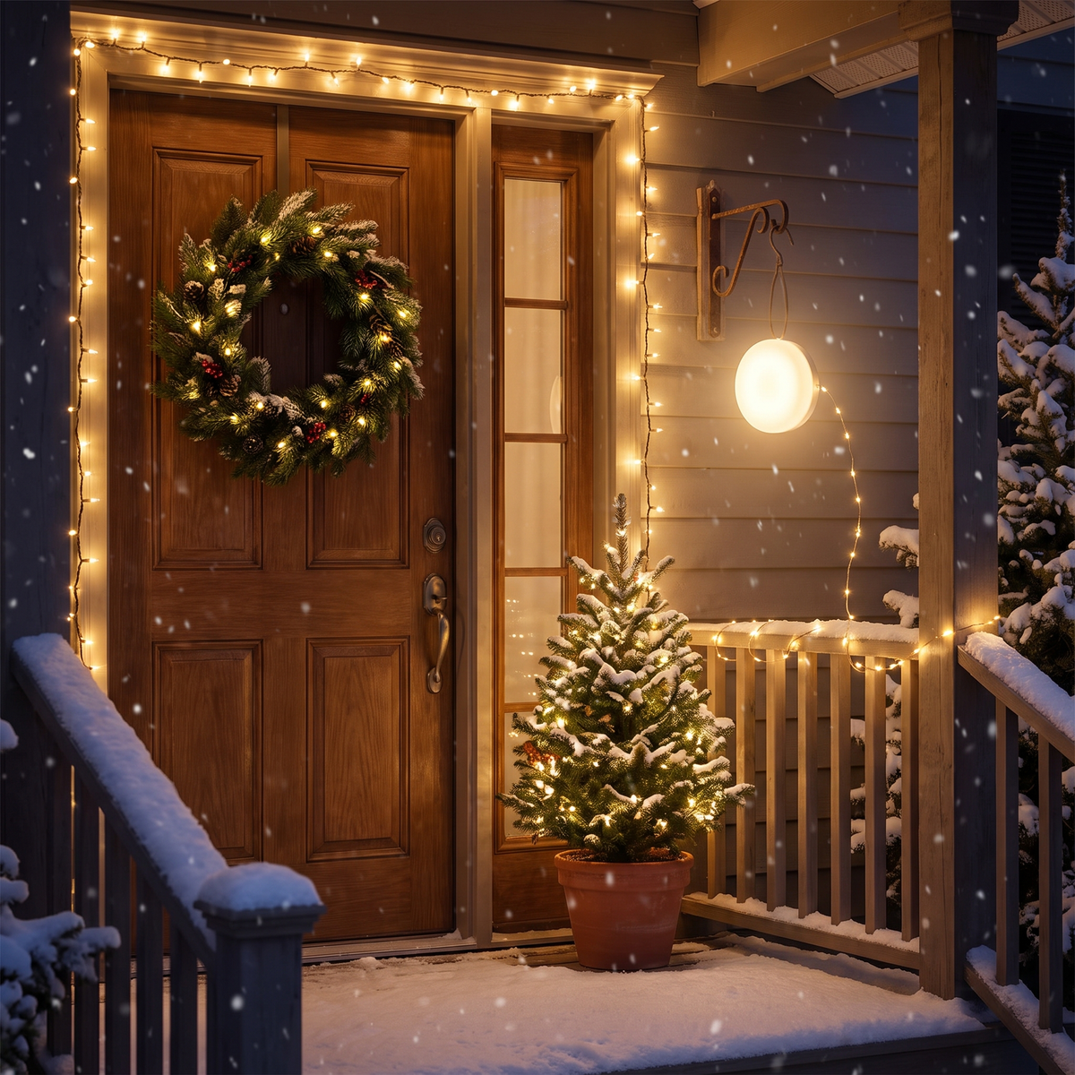 LED-Lampe neben der Haustür mit Weihnachtskranz und Lichterkette