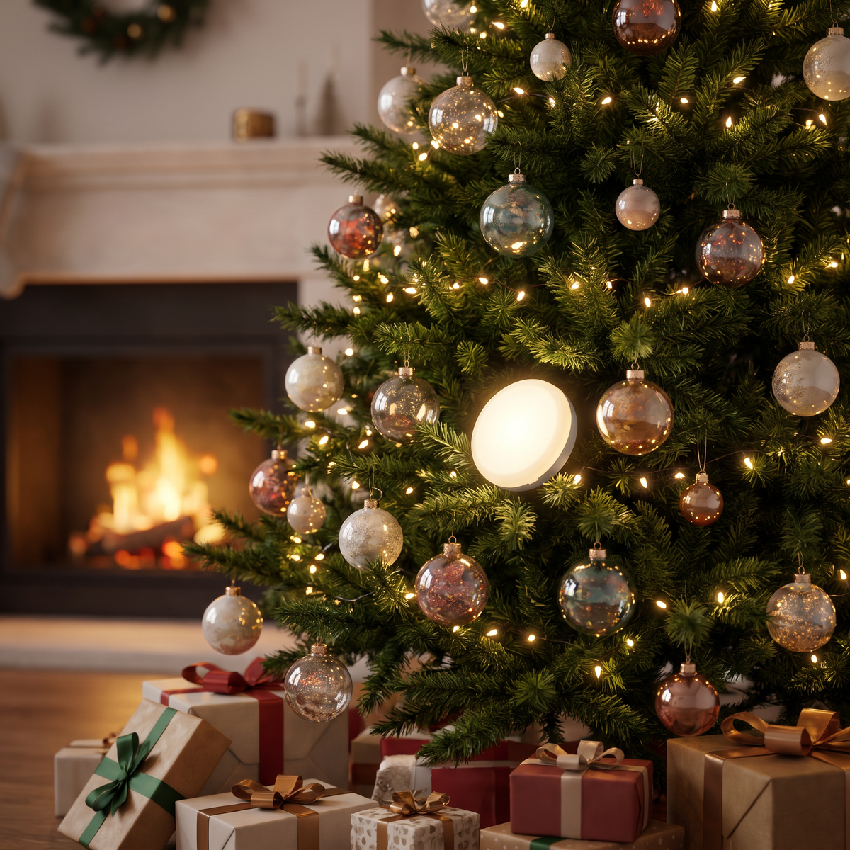 Kleine runde LED-Lampe hängt im geschmückten Weihnachtsbaum mit Lichterkette