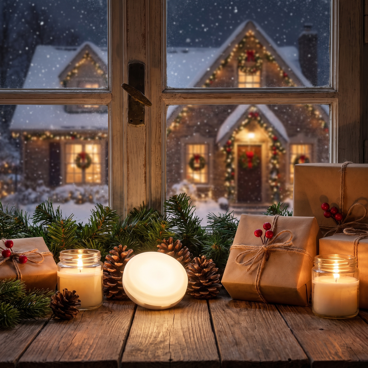 LED-Lampe auf der Fensterbank mit Kerzen und Weihnachtsdeko